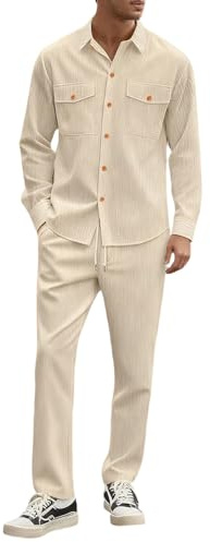 Genérico Ensemble de loisirs pour homme Survêtement 2 pièces avec chemise en velours côtelé vintage Country et pantalon à jambes larges Veste légère à boutons pression Chemise à carreaux