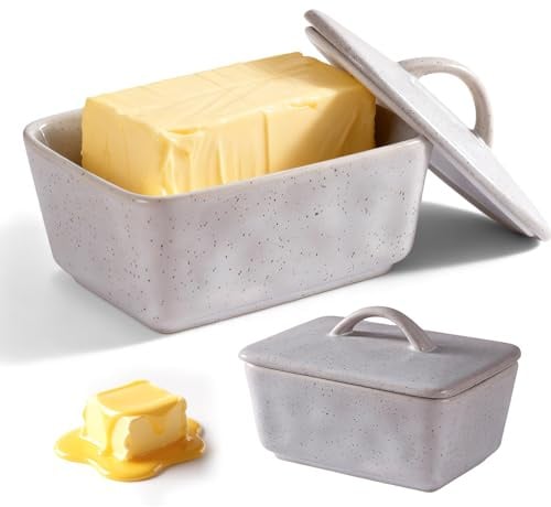 Butterdose Keramik mit Deckel, Porzellan Butterbehälter für 350g Butter, Klassische Butterbox Spülmaschinenfest, Dickwandige Butterschale für Küche Frühstück Aufbewahrung Grau