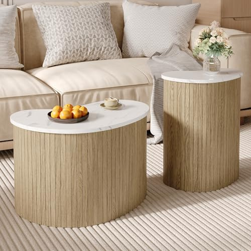 BTM Moderner Couchtisch Marmor Optik, Holzmaserung, Beistelltisch im Skandinavischen Stil, Kleiner Couchtisch Wohnzimmer Tisch für Couch