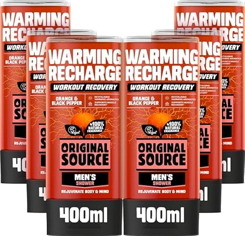 Original Source Men's Workout Recovery Warming Recharge Shower Gel, Vegan Shower Gel, Paraben Free Body Shower, 100% Natural Fragrance, Men's Workout, Men's Body Wash, Multipack of 6 x 400ml