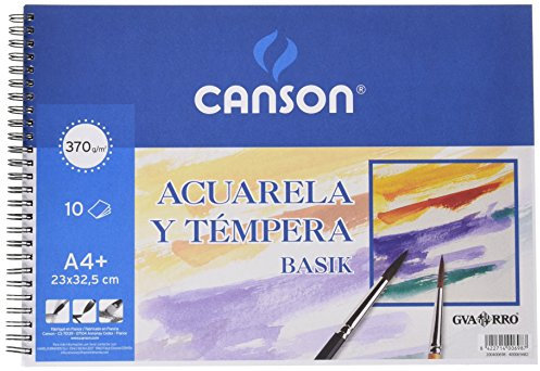 Canson Acuarela y Tempera Basik, Papel de acuarela, Grando ligero, 370gsm, Espiralados sobre el lado corto, 23x32,5cm, Blanco natural, 10 Hojas