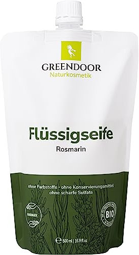 GREENDOOR Bio Flüssigseife Rosmarin 500ml Refill, Seife biologisch abbaubar, vegan, natürlich ohne Parabene Sulfate Tierversuche, Naturseife, flüssige Hand-Seife