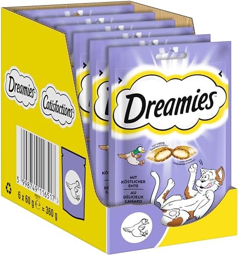 DREAMIES Katzensnacks - 6x60g - mit Ente - Traumhaft knusprige Katzen Leckerlies mit zarter Füllung