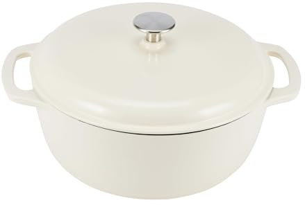 Amazon Basics Enameled Cast Iron Round Dutch Oven with Lid and Dual Handles, Heavy-Duty & Large, 6.9 L, White