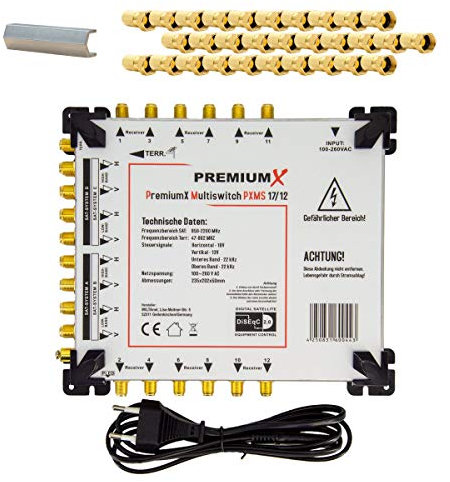 Premium X PXMS 17/12 Multischalter 4 SAT für 12 Teilnehmer Multiswitch Satverteiler Montage Set