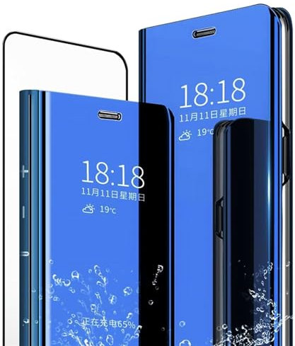 MLOTECH Smart Cover per Huawei P30 Lite Custodia + Vetro temperato Flip Traslucido Clear View Specchio Standing Cover Anti Shock Placcatura Cover Cielo Blu