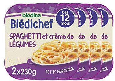 Blédina - Blédichef - Repas Bébé 12 Mois - 8 Plats Bébé - Spaghetti Crème de Légumes - Faible Teneur en Sel - Dès 12 Mois - 8 Assiettes de 230g
