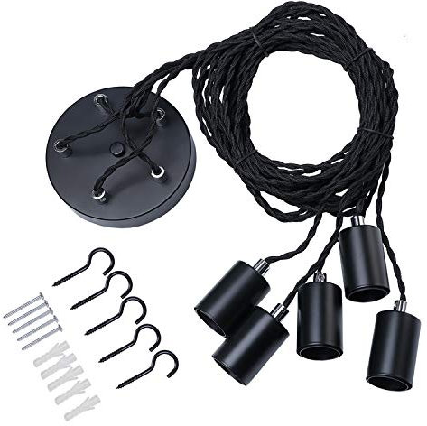 Black Industrial pendant light fitting, 5lights Spider Hanging light fitting with adjustable 3M twisted braided cable, Retro industrial Cluster Pendant light Fittings E27 Lamp Holder-Black/1010-5LT