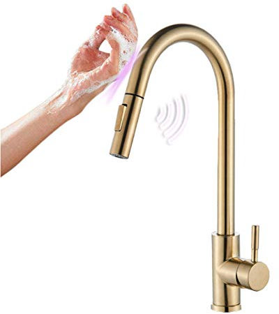 Huin Rubinetto sensore lavello cucina estraibile in oro spazzolato Rubinetto miscelatore acqua calda e fredda Smart Touch Miscelatore da cucina estraibile