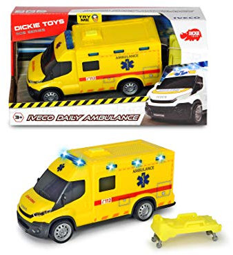 Dickie Toys 203713012014 - SOS Belgischer Krankenwagen Iveco 1-32, Spielzeugauto mit Freischleife, Licht und Sound, 18 cm ab 3 Jahren