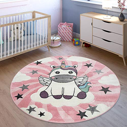 TT Home Kinderteppich Mädchen Spielteppich Niedliches Einhorn Wolken In Rosa Weiß Lila, Größe:160 cm Rund