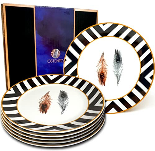 OSTENTO Porzellan Teller - Frühstücksteller | Kuchenteller | Dessertteller 6er Set ≈Ø 20 cm (8 Zoll), modell- Peacock Feathers
