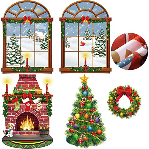 Decoración de pared de Navidad, telón de fondo para chimenea, fondo de cabina de fotos, ventana, árbol de Navidad, corona de fondo para el hogar, Navidad, fiesta de cumpleaños