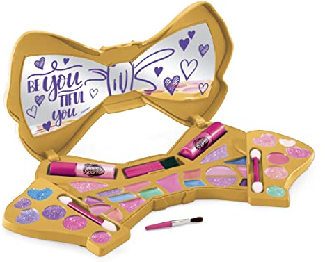 Shimmer and Sparkle InstaGlam Bow Beautiful compact, 33 fashion colours for lips, cheeks, and eyes, includes 14 trendy lip colours, 13 amazing eye shadows, 4 cheek colours and lip gloss