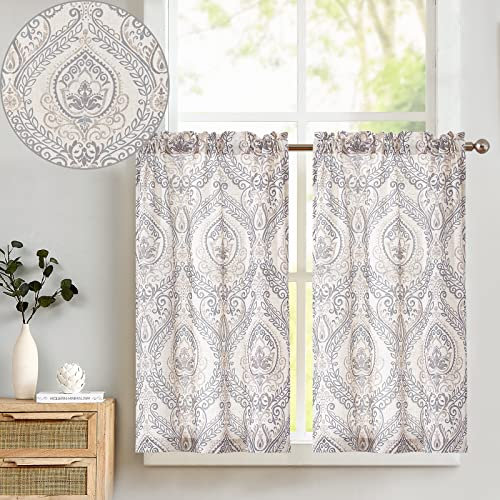 TOPICK Cortina de Cocina con Flores de Lino Vintage con Bolsillo para Varilla Translúcido Aptas para Cocina Salón Lavadero y Pequeñas Ventanas Gris Juego de 2 Unidades 65 x 115 cm