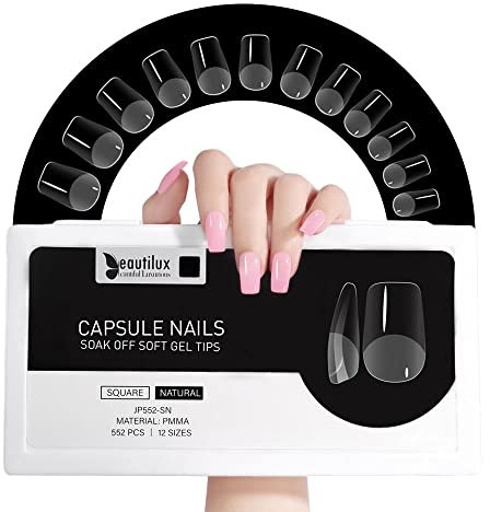 Beautilux Capsule Americaine Ongle, Carré Court Capsules Ongles Transparente Acrylique 552 Pièces 12 Tailles, Soak Off Faux Ongles Pose Americaine Pour Manucures à Domicile Et Salons De Manucure