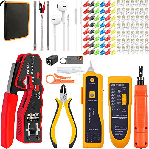 MAYLINEE Kit de Herramientas de Crimpado para Cables de Red RJ45 CAT5/CAT6/Cat5e, Conectores de Paso RJ11 TJ12, Pelacables, Alicates de Corte, 50 Conectores (Rojo)
