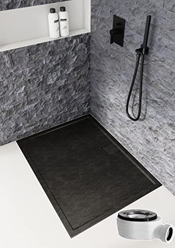 Sellon24® Acrylwanne Duschwanne extraflach 50 mm schwarz Steinoptik Duschtasse Ablauf inkl. (80x120x5 cm)