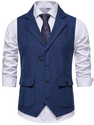 MakingDa Gilet formel col en V en tweed gilets business chevrons coupe slim fit gilet de costume avec poche, bleu foncé, L