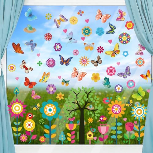 Seasboes 148 Stück Fensterbild Blumen, Aufkleber Fensterfolie Schmetterling Fenster Abziehbilder, Fensterbilder Frühling, Anti-Kollision Aufkleber für Baby Kinderzimmer Party Fensterdeko