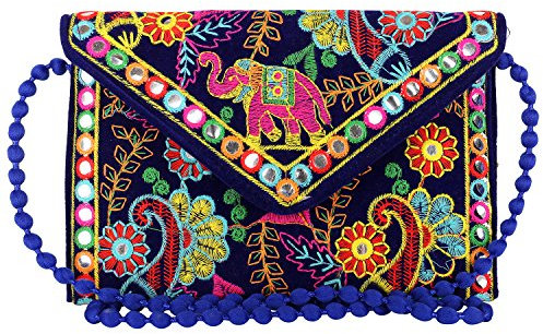 Craft Trade Rajasthani Mini Clutch-Taschen für Frauen Indisch Jaipuri-Kunst Clutch Handtasche für Damen Handbestickte Clutch Umhängetasche für Hochzeits Party und Geschenke - Blau