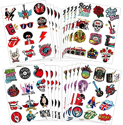 Rock N Roll Temporary Tattoos Stickers for Kids Music Rock Band Star Birthday Party Favors Decorations Supplies for Boys Girls Gifts Classroom School Prizes Rewards 20 Sheet