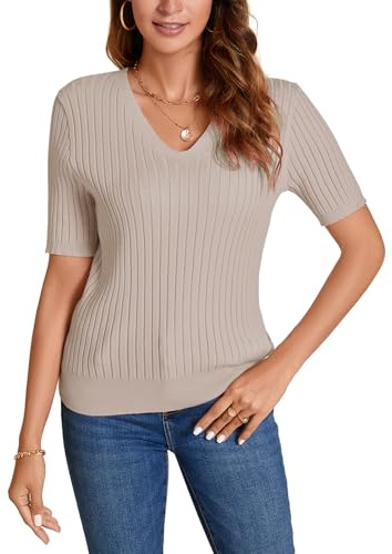 MINTLIMIT Women Summer Knit Shirt Blouse V Neck Short Sleeve Pullover Sweater Tops