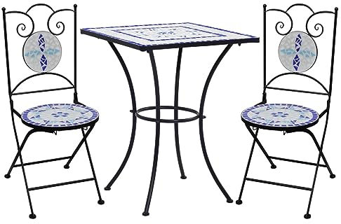 JUNZAI 3-TLG. Bistro-Set, Bistrotisch Mit 2 Stühlen, Gartenset Tisch Und Stühle, Balkontisch Klein, Bistroset, Mosaik Keramik Blau und Weiß