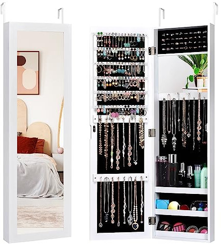 HOMASIS Espejo Joyero de Pared o Puerta Gabinete de Joyería con Espejo de Figura Completa Espejo Joyero con 2 Espejos para Maquillaje, Organizador de Joyería (Blanco)