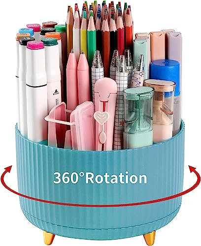 Pencil Pen Holder for Desk, 5 Slots 360°Degree Rotating Pencil Pen Organizers for Desk, Desktop Storage Stationery Supplies Organizer, Cute Pencil Cup Pot for Office, School, Home, Art Supply (Blue)