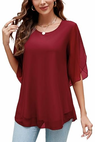 Actcat Damen Rüschen 3/4 Ärmel Mesh Blusen Lose Flowy Tops Stretch Shirts Crinkle blusen Damen Sommer damenblusen elegant mesh Shirt Damen damenblusen 3/4 arm Elegante Oberteile Damen