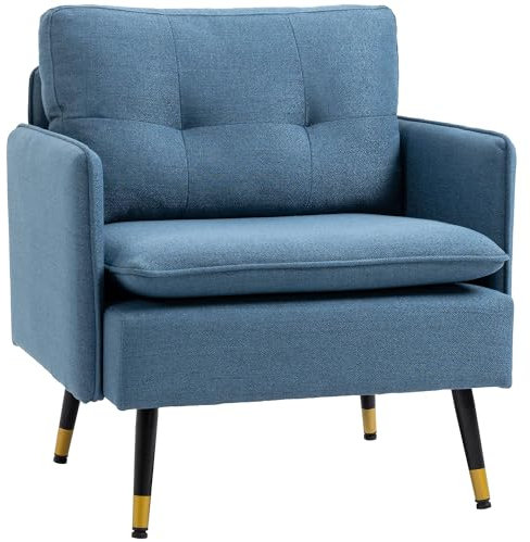HOMCOM Fauteuil scandinave Dossier capitonné avec Passepoil en Tissu 76 x 68 x 80 cm - Bleu et Pieds en métal Noir et doré