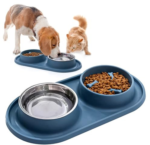 ZSMJAER Gamelle Double pour Chat Gamelle Double Chien en Acier Inoxydable avec Tapis en Silicone Anti-Débordement pour Petits Animaux de Compagnie,Chiens et Chats