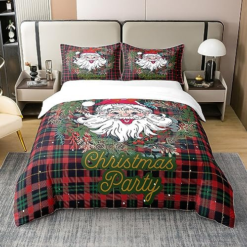 Homewish Joyeux Noël - Housse de Couette 220x240 100% Coton, Enfants Parure de Lit Père Noël Kawaii, Housse Couette À Carreaux Géométriques, Ensemble de Literie 3 Pièces sur Le Thème de Noël