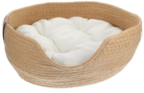 iBaseNice Cat Basket Bed - Woven Wicker Straw Cat Sleeping Nest with Cushion