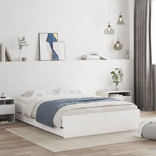 vidaXL White Engineered Wood Bed Frame with Drawers - Small Double 120x190 cm - Contemporary Bedroom Furniture with Storage and Supportive Plywood Slats