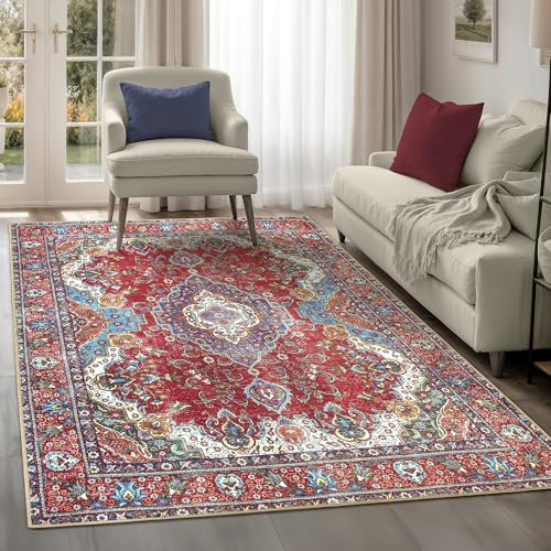 artyrugs Machine Washable Rug, 200x290cm, 75% Recycled Cotton, Short Pile, Non-Slip Backing, Non-Shedding, Area Rugs for Living Room, Bedroom, Kitchen, Hallway, Office, Burgundy Red & Blue