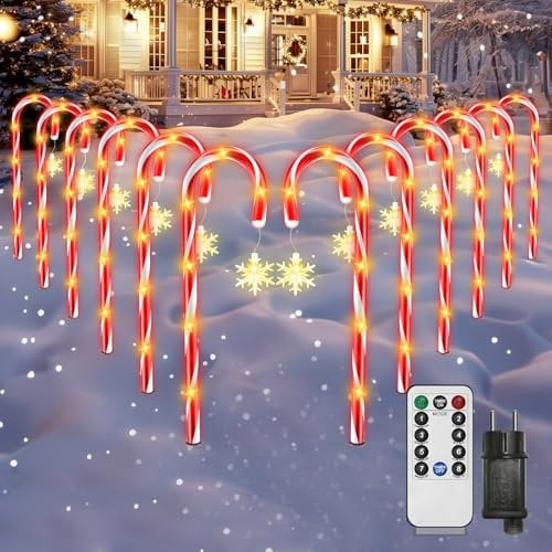 HELESIN Lichterkette Zuckerstangen 12 Stück Zuckerstangen LED Außen, 84LED 8 Modi Zuckerstangen Beleuchtet, Wasserdicht Schneeflocke Zuckerstangen, Weihnachtssbeleuchtung für Garten Weihnachtsdeko