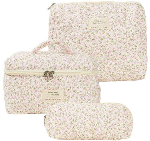 3 teiliges Reise Kosmetiktasche Set,kulturbeutel Damen,Kulturtasche,Make-up Tasche Coquette Aesthetic Makeup Tasche Cosmetic Bag,Groß Kapazität,Baumwolle,Blumen Muster kulturbeutel (#17)