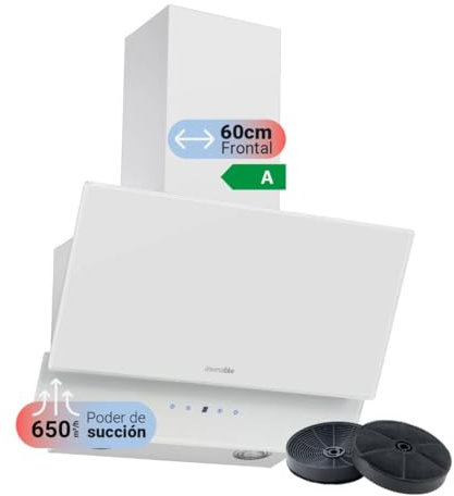 UNIVERSALBLUE Campana Extractora Decorativa Cristal Blanca 60 cm | Extractor Aire y Humo ELéctrico Cocina 230W | Potente Succión 650m³/h | Control Táctil y Clase A