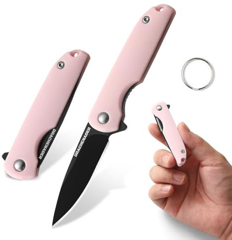 DRACHENADER Taschenmesser Klein, Klappmesser 5, 2 cm Klingenlänge, 5cr13mov Stahl Einhandmesser, Schlüsselanhänger Mini Messer für Frauen Outdoor, Klinge Schwarz- Rosa Griff