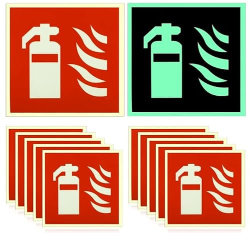COZERI 10 Stück Selbstklebende Nachleuchtende Feuerlöscher Sicherheitszeichen 15x15 cm, Hochwertiges PVC Brandschutzschild für Zuhause, Büro, Baustelle und Auto