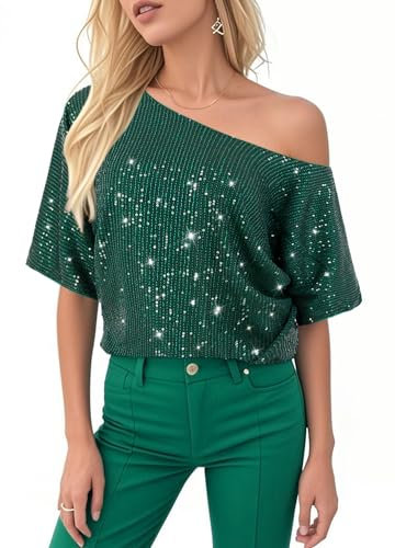 Segreto Damen Glitzer Pailletten Tops Short Sleeved Rundhals Locker Oberteil Glänzende Party Bluse T-Shirts Festliches Outfit, Full Pailletten Grün/M