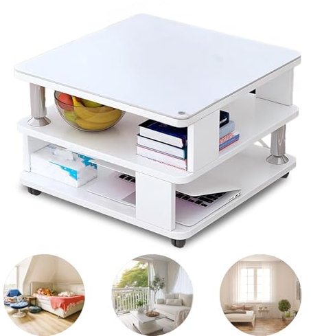 GHBXJX Couchtisch Quadratisch Hochglanz weiß, Sofa Tisch Beistelltisch mit Rollen, Beistelltisch Couch, Wohnzimmertisch für Balkon, Büro, holztisch betttisch,White 1,60/cm