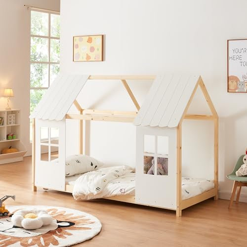 [en.casa] Lit Cabane avec Fenêtres et Toit Lit Enfant Forme de Maison avec Sommier à Lattes pour Chambre d'enfant en Bois de Pin et Contreplaqué 90 x 200 cm Naturel Blanc
