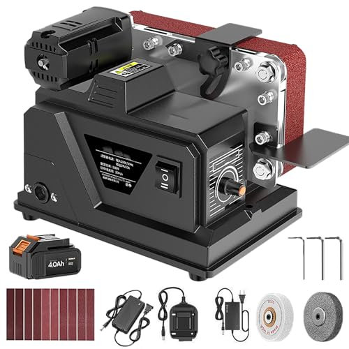 Mini Belt Sander, Electric Bench Sander with 10m/s Sand Belt Linear Speed, Stepless Adjustment & Forward & Reverse Switch, 2 Power Supply Methods, for Wood,Metal Working,Craft and DIY