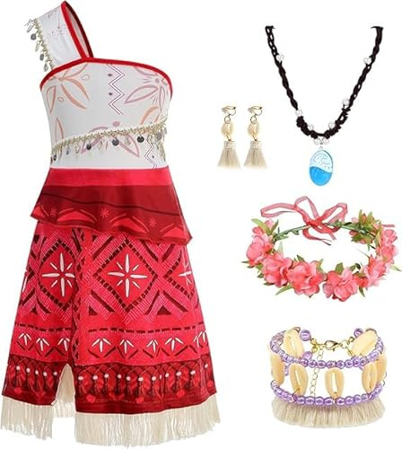 bluaqua Vaiana Kostüm Kinder mit Halskette und einer Blumenkrone und einer Haarspange. Moana-Prinzessin-Kostüm für Mädchen, Vaiana 2 Karneval Hawaiianischer Geburtstag Cosplay (110)