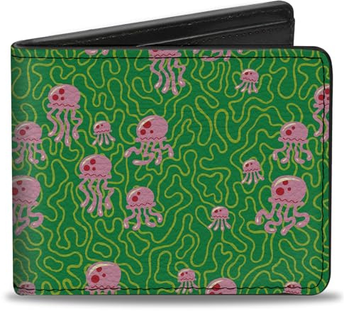 Buckle-Down SpongeBob SquarePants Wallet, Bifold, Spongebob Squarepants Jellyfish and Coral Greens Pinks, Vegan Leather, Green, 4.0 x 3.5, Casual