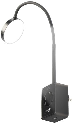 Lunartec Steckerlampe: Dimmbare CCT-LED-Steckerleuchte mit Steckdose, USB-A/C-Port, schwarz (Schwanenhals-Steckdosenleuchte, Leselampe mit USB-Ladestation, iPhone Ladekabel)