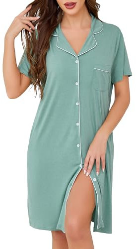 Lovasy Camison Botones Mujer Algodon Verano Manga Corta Lactancia Camisones para Mujer con Bolsillos,Verde,XL